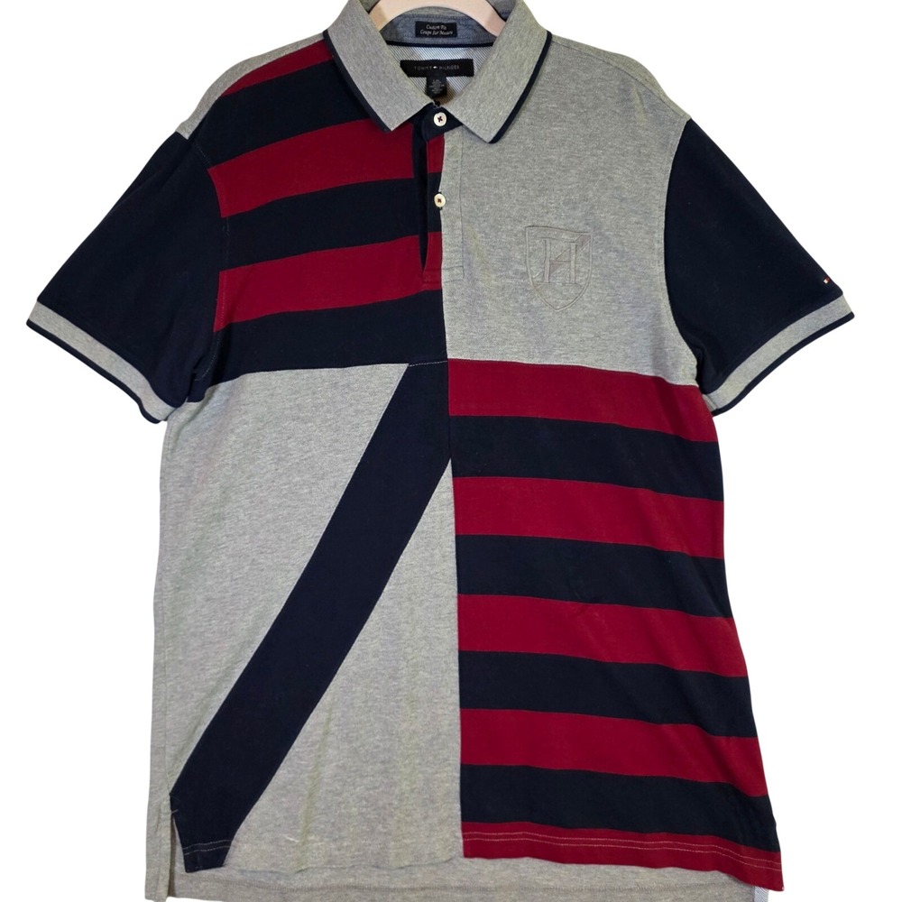 TOMMY HILFIGER Men's L Gray‎ Colorblock Rugby Polo 2010s Preppy Ivy Style